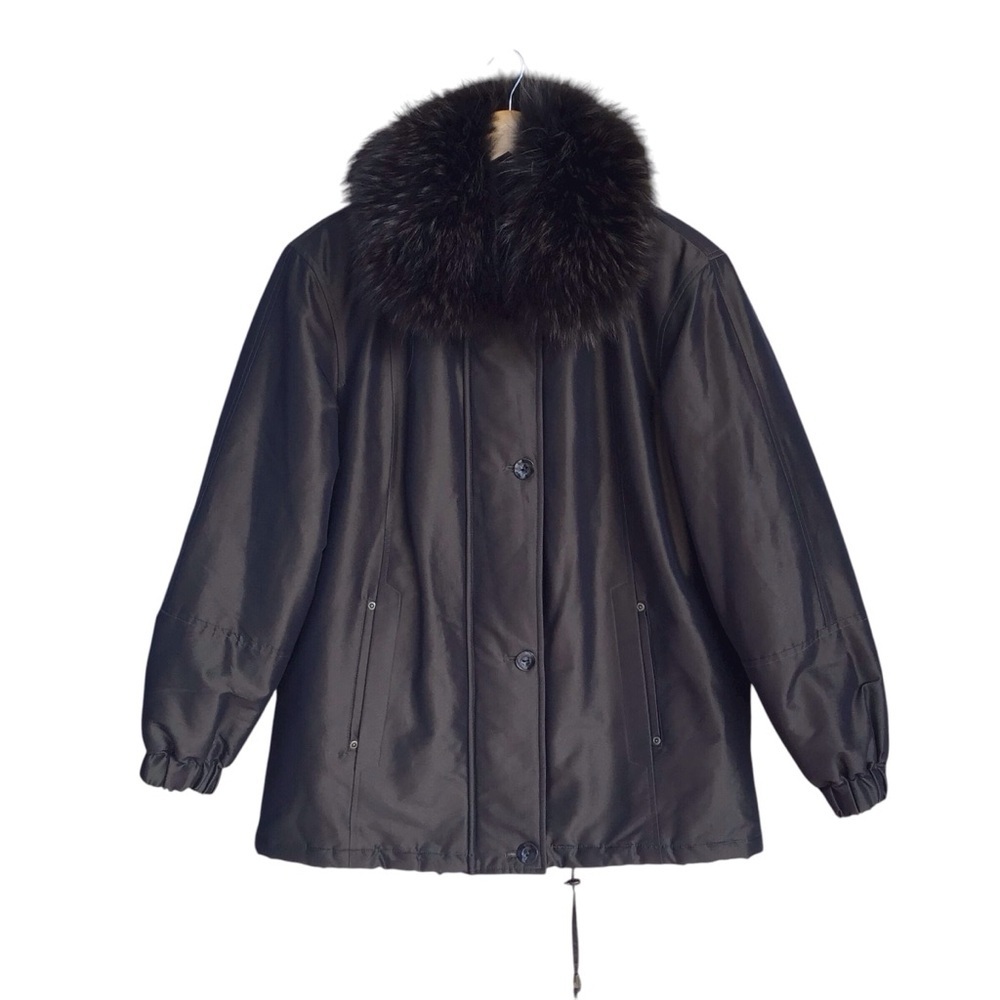 Fleet Street Metallic Iridescent Dark Green Racoon Fur Trim Coat